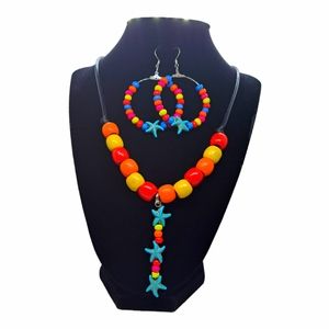 Wood beaded pendant necklace with earrings jewelry set